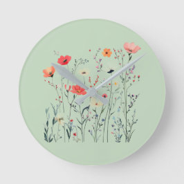 Relógio Redondo Pastel Green Wild Flowers Design, Summer Breeze,