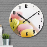 Relógio Redondo Pastel Pastel Chef Macaron Francês<br><div class="desc">Estes doces feitos à base de merengue francês, cheios de um centro delicioso, criam um delicioso sanduíche de biscoitos que é perfeito para qualquer amante de doces. Apresentando um design bonito e colorido, este relógio mostra macarões franceses pastéis, acrescentando um toque de charme e chorão ao seu espaço. Ideal para...</div>