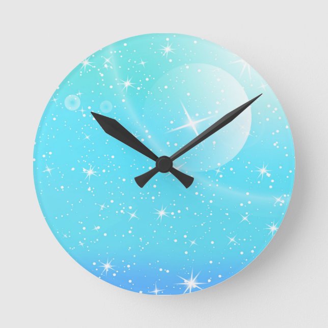 Relógio Redondo Pastel Starry Sky Blue Gradient Moon Galaxy Design (Frente)