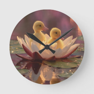 Relógio Redondo Patos Adoráveis em Flor de Água