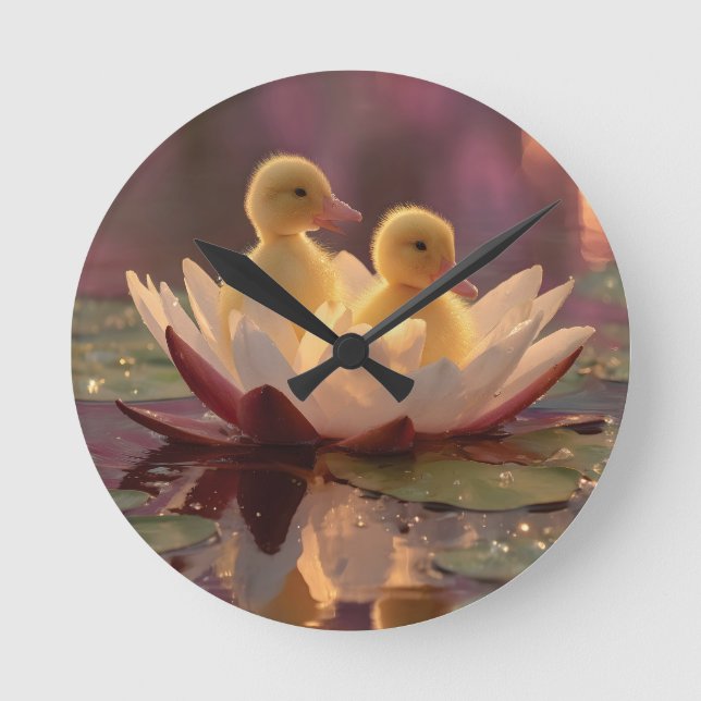 Relógio Redondo Patos Adoráveis em Flor de Água (Frente)