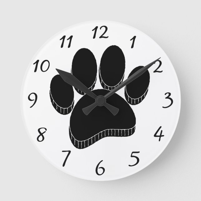 Relógio Redondo Pawprint Preto Desenho Personalizado na Mão (Frente)