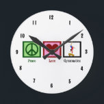 Relógio Redondo Peace Love Gymnastics<br><div class="desc">A peace sign,  heart,  and a gymnast doing a handstand on the beam.</div>