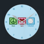Relógio Redondo Peace Love Voleibol<br><div class="desc">Um sinal de paz,  coração,  e um vôlei giro em um bonito relógio de voleibol azul.</div>