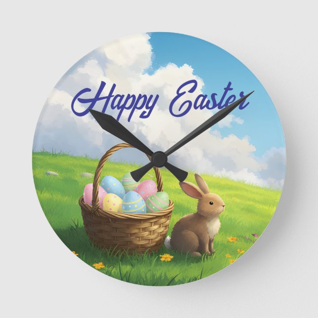 Relógio Redondo Peaceful Easter Spring Meadow Bunny & Egg Basket (Frente)