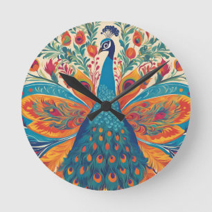 Relógio Redondo "Peacock vibrante no estilo de arte popular mexica