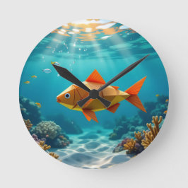 Relógio Redondo Peixe de origami e cavalo-marinho oceânico