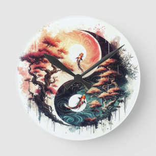 Relógio Redondo Peixe Koi e Yin Yang do Templo