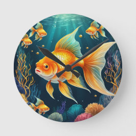 Relógio Redondo Peixes Dourados submarinos