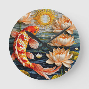 Relógio Redondo Peixes Koi Rodeados por Flores de Lótus