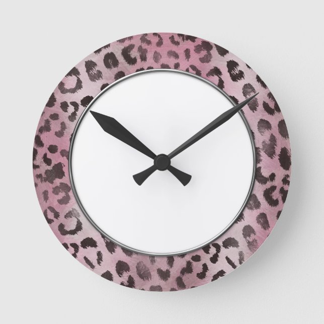 Relógio Redondo Pele de leopardo em Rosa rosa (Frente)