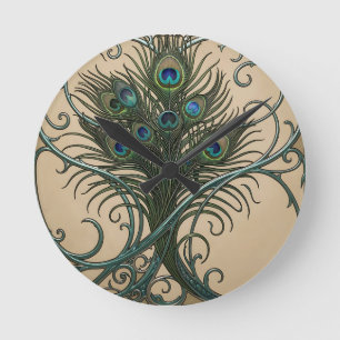 Relógio Redondo Penas de Pavão Arte Nova Moldura Teal Ornata