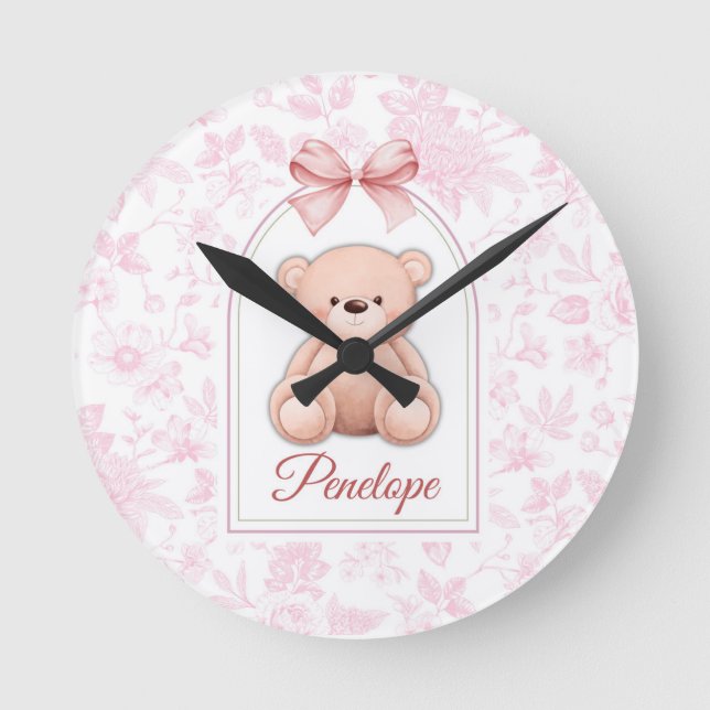 Relógio Redondo Penelope | Design de Enfermeiro de Urso Rosa Perso (Frente)