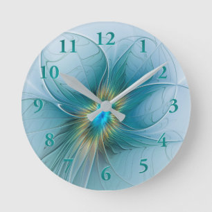 Relógio Redondo Pequena Beleza Arte Fractal Flor Azul Moderno Dour