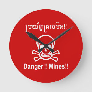 Relógio Redondo Perigo! Minas! ☠ Khmer - Sinal ☠