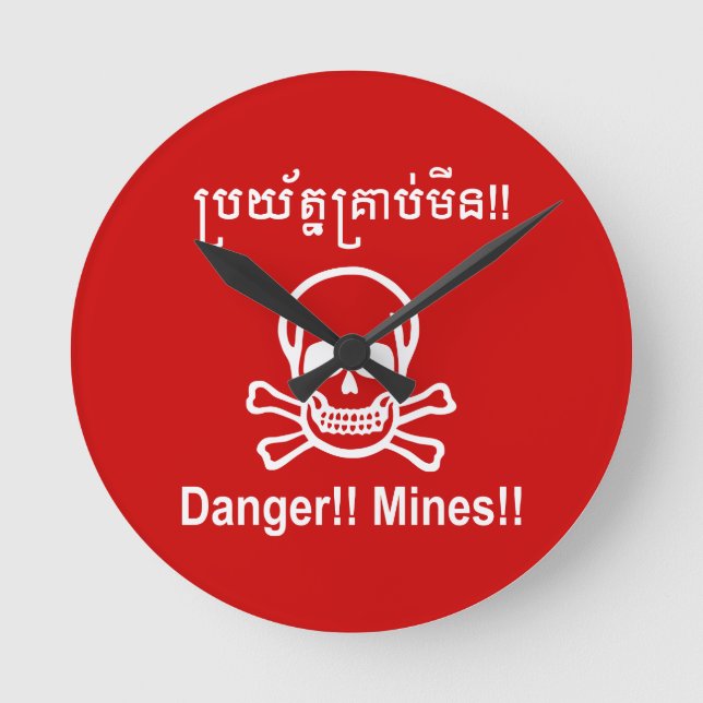 Relógio Redondo Perigo! Minas! ☠ Khmer - Sinal ☠ (Frente)