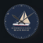 Relógio Redondo Personalização de Decoração da Casa de Praia da Fa<br><div class="desc">Design de barco da família temática náutica com barco à vela e tipografia moderna que faz uma casa de praia perfeita ou decoração de cabana fingida Veja os outros itens correspondentes como camisetas para o resto da família - mãe, pai, irmão, irmã e primo. Acessórios de barco, incluindo porta-moedas, tatuagens,...</div>