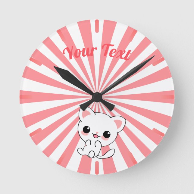 Relógio Redondo Personalizado de Kawaii White Kitten (Frente)