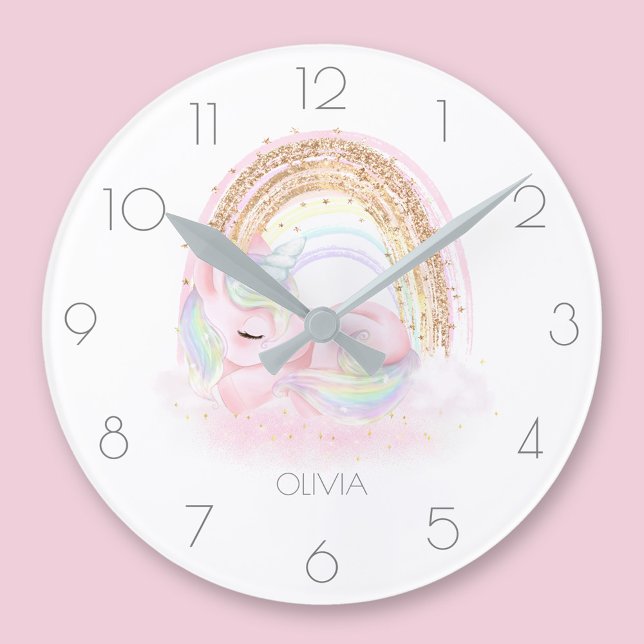 Relógio redondo personalizado de uma menina unicór (Personalized cute unicorn girl rainbow round clock)
