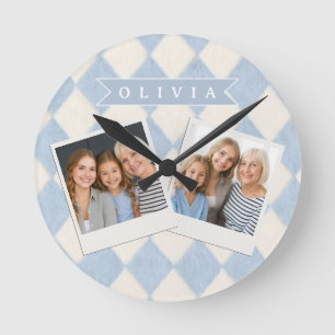 Relógio Redondo Personalizado Preppy Azul Suave Fofinho Argyle Nom