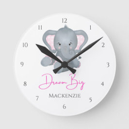 Relógio Redondo Personalizar a Cinza Rosa Grande Menina Elefante