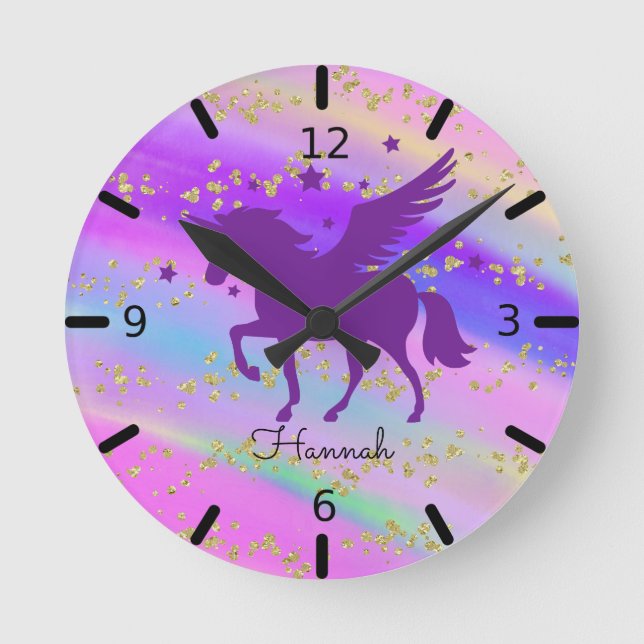 Relógio Redondo Personalize seu próprio Unicórnio Roxo (Frente)