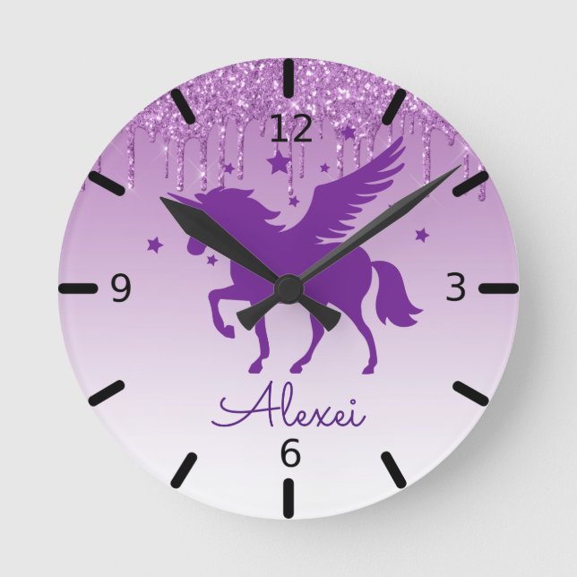 Relógio Redondo Personalize Seu Próprio Unicórnio Roxo Mágico (Frente)