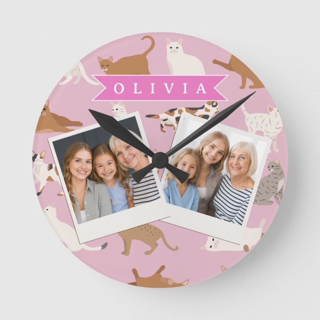Relógio Redondo Personalized Cute Pink Cat Pattern Gift Cat Lover (Frente)