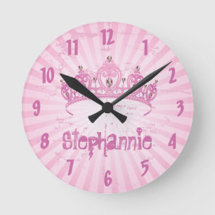 Relógio Redondo Personalized Name Clock Pink Princess Crown Tiara