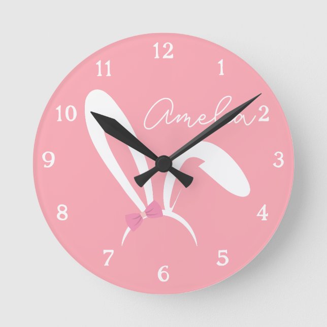 Relógio Redondo Personalized Pink Bunny Nursery Wall Clock Cute (Frente)