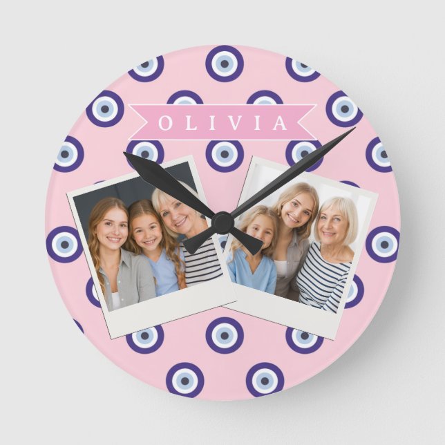 Relógio Redondo Personalized Pink Evil Eye Pattern Gifts With Name (Frente)