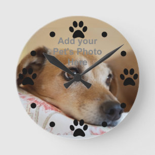 Relógio Redondo Pet Paw com sua foto de estimação Wall Clock
