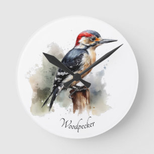 Relógio Redondo Pica-pau Woodland Aquarela, personalizado