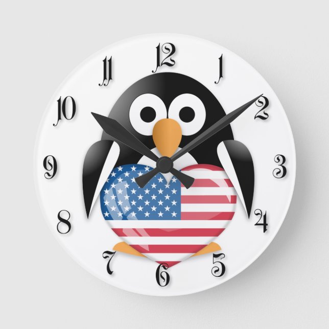 Relógio Redondo Pinguim com bandeira dos EUA (Frente)