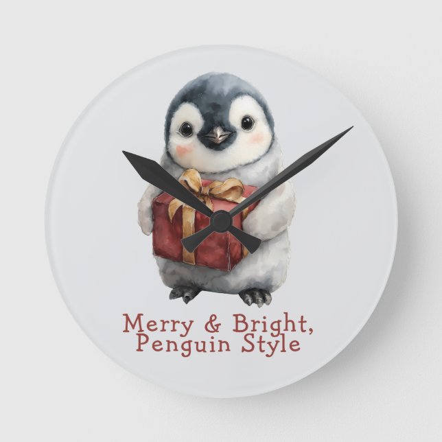 Relógio Redondo Pinguim de Natal Alegre e Brilhante (Frente)