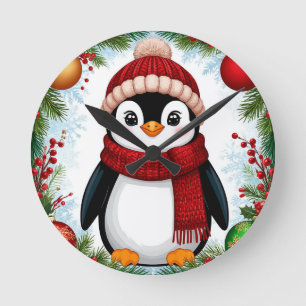 Relógio Redondo Pinguim Festivo Decorado Com Enfeites de Feriado