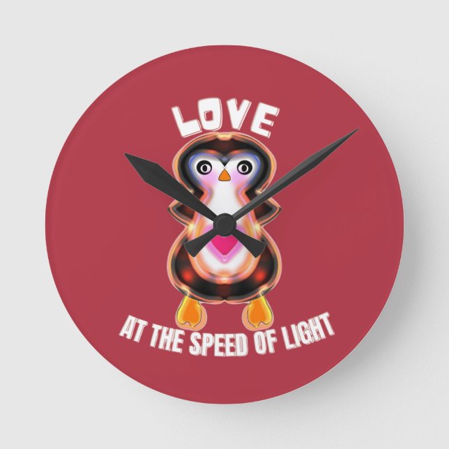 Relógio Redondo Pinguim Presente Amor à Velocidade da Luz (Frente)
