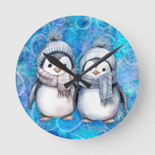 Relógio Redondo Pinguins de Aquarela Azul-Inverno Escarpando Chapé