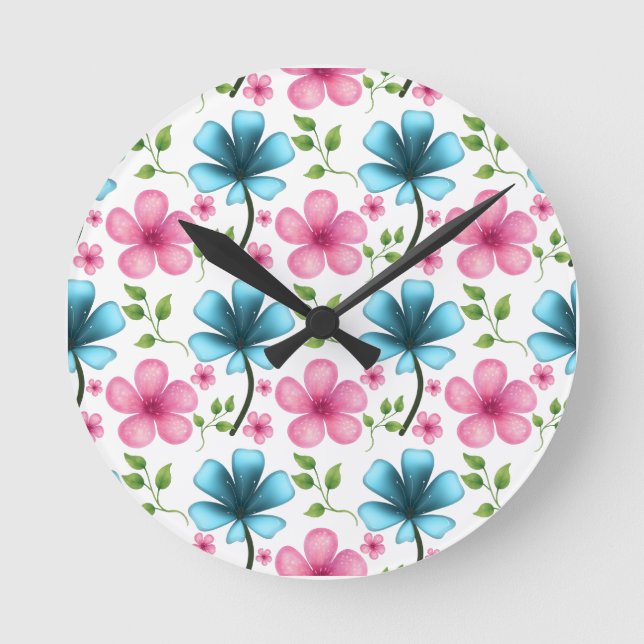 Relógio Redondo Pink & Blue Floral Seamless Pattern (Frente)
