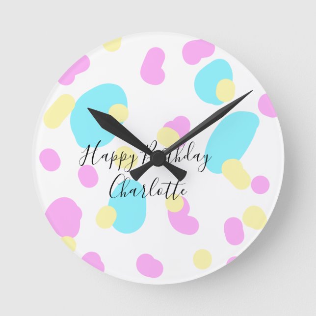 Relógio Redondo Pink blue yellowhappy birthday kids shapes abstrac (Frente)