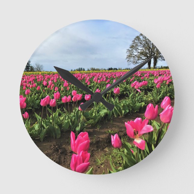 Relógio Redondo Pink Tulip Field, Oregon (Frente)