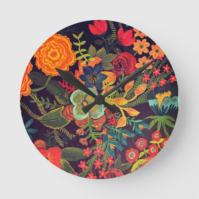 Relógio Redondo Pintura Acrílica Boho Design Floral (Frente)