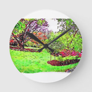 Relógio Redondo Pintura aquosa de um jardim de primavera