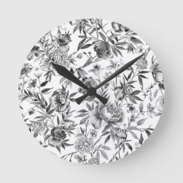 Relógio Redondo Pintura Botânica Floral em Aquarela Chinesa