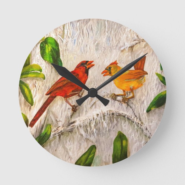 Relógio Redondo Pintura de aves cardinas (Frente)
