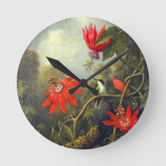 Relógio Redondo Pintura de beija-flor e flores de maracujá (Frente)