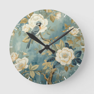 Relógio Redondo Pintura de Flores Brancas Creme Bluebird