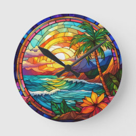 Relógio Redondo pintura de vidro colorido em praia tropical