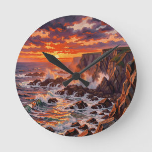 Relógio Redondo Pintura dramática de penhascos ao pôr do sol na co