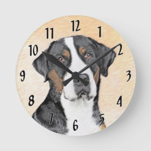 Relógio Redondo Pintura em Cachorro na Grande Montanha Suíça - Art